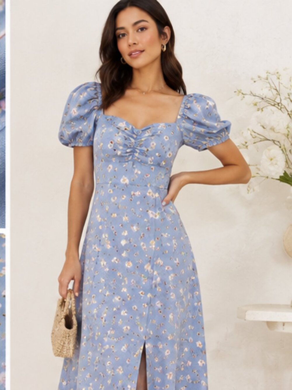 And Now This Blue Floral Puff Sleeve Midi Dress Size S Cottagecore Romantic